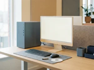 Einzelner Desktop-PC mit Monitor auf Unternehmensschreibtisch, USB-Stick und Installations-CD daneben, kein Netzwerkkabel angeschlossen.