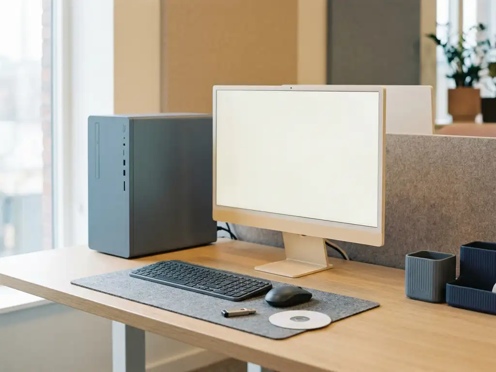 Einzelner Desktop-PC mit Monitor auf Unternehmensschreibtisch, USB-Stick und Installations-CD daneben, kein Netzwerkkabel angeschlossen.