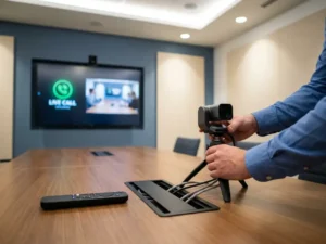 IT-Techniker richtet Videokonferenzkamera in modernem Konferenzraum mit aktivem Bildschirm und Fernbedienung auf poliertem Tisch ein.